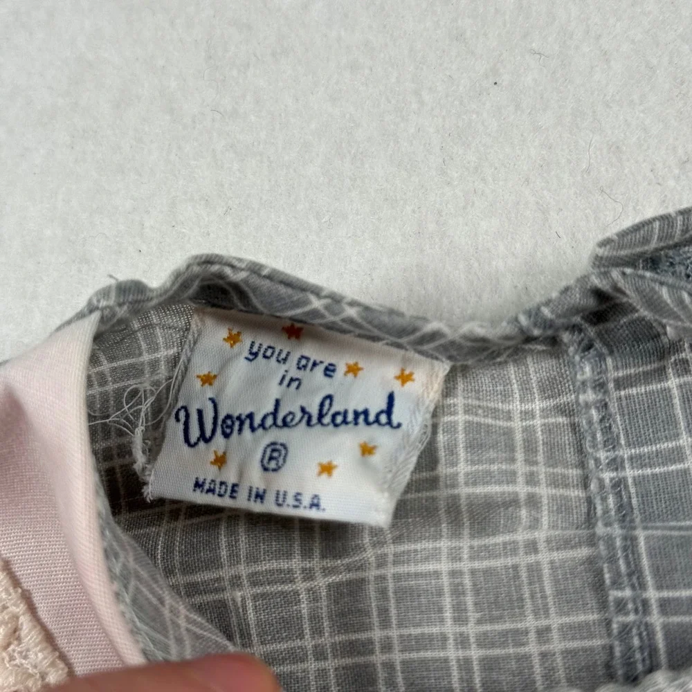 Vintage Wonderland Girls Grey Grid Teddy Bear Lace Collar Dress Size 5 USA Made